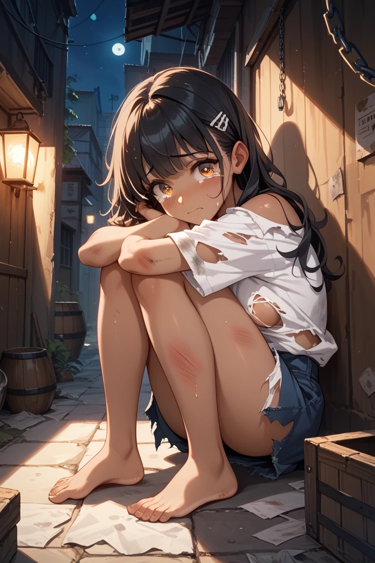 (((masterpiece,Highest quality:1.3,best quality illustration))),(realistic),after rape,cowboy shot,独奏,1woman,(18-year-old、Japanese Beauty)、brown hair,long hair,bangs,brown eyes,gorgeous eyes,((very small head:1.3)),crying,Heavy breathing,((very long body:1.2,skinny)),medium breasts,(White camisole、Navy blue pleated mini skirt),Wet crotch、sweat,gleaming skin,toned body,slender body,(squatting),Sneakers、walk、Ruined town、at night、Tokyo、