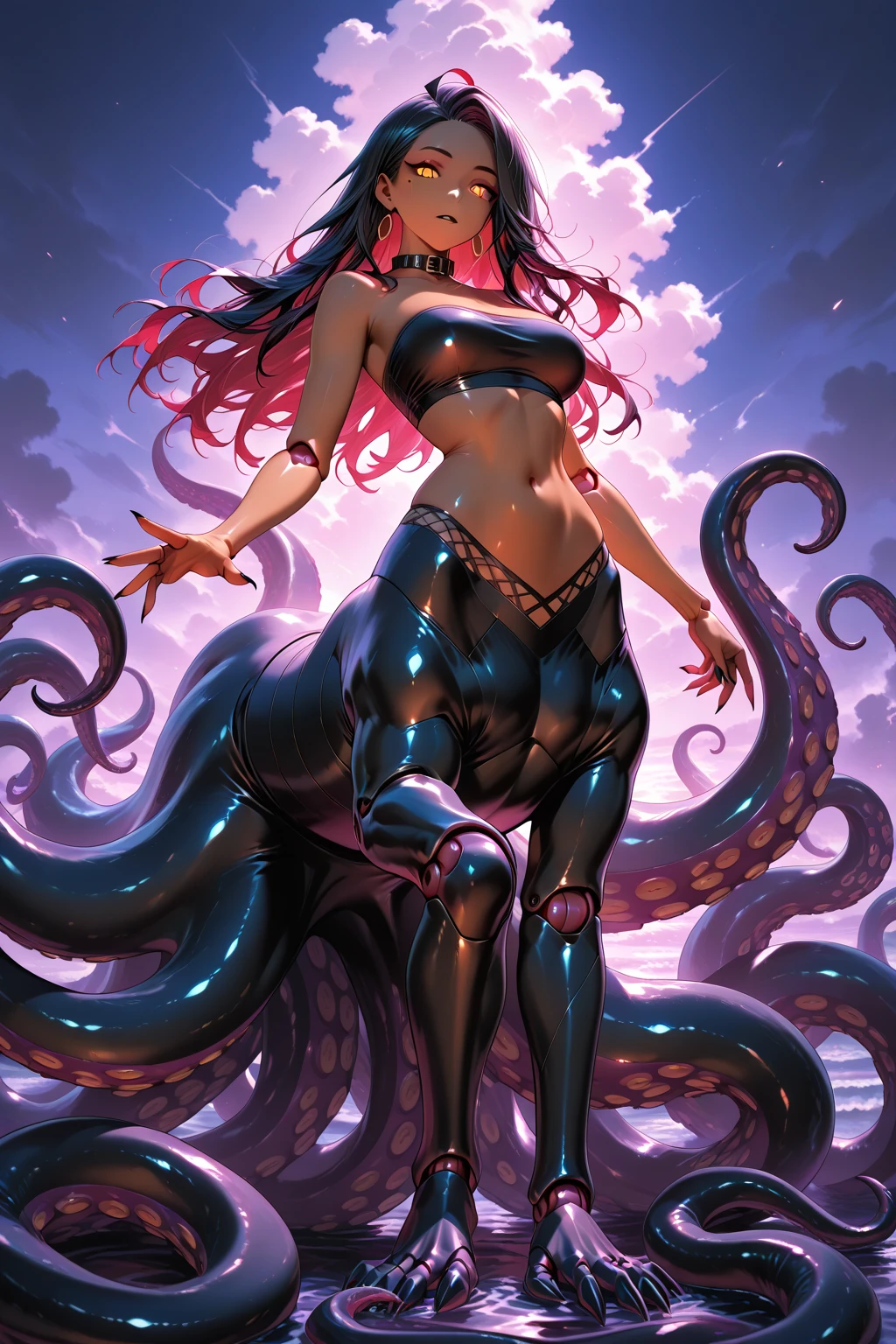 scyllacpt, squid, solo, 1girl, annoyed, walking, backlighting, Blazing_Star \(flower\), floral background <lora:scylla_cpt_v01:1>