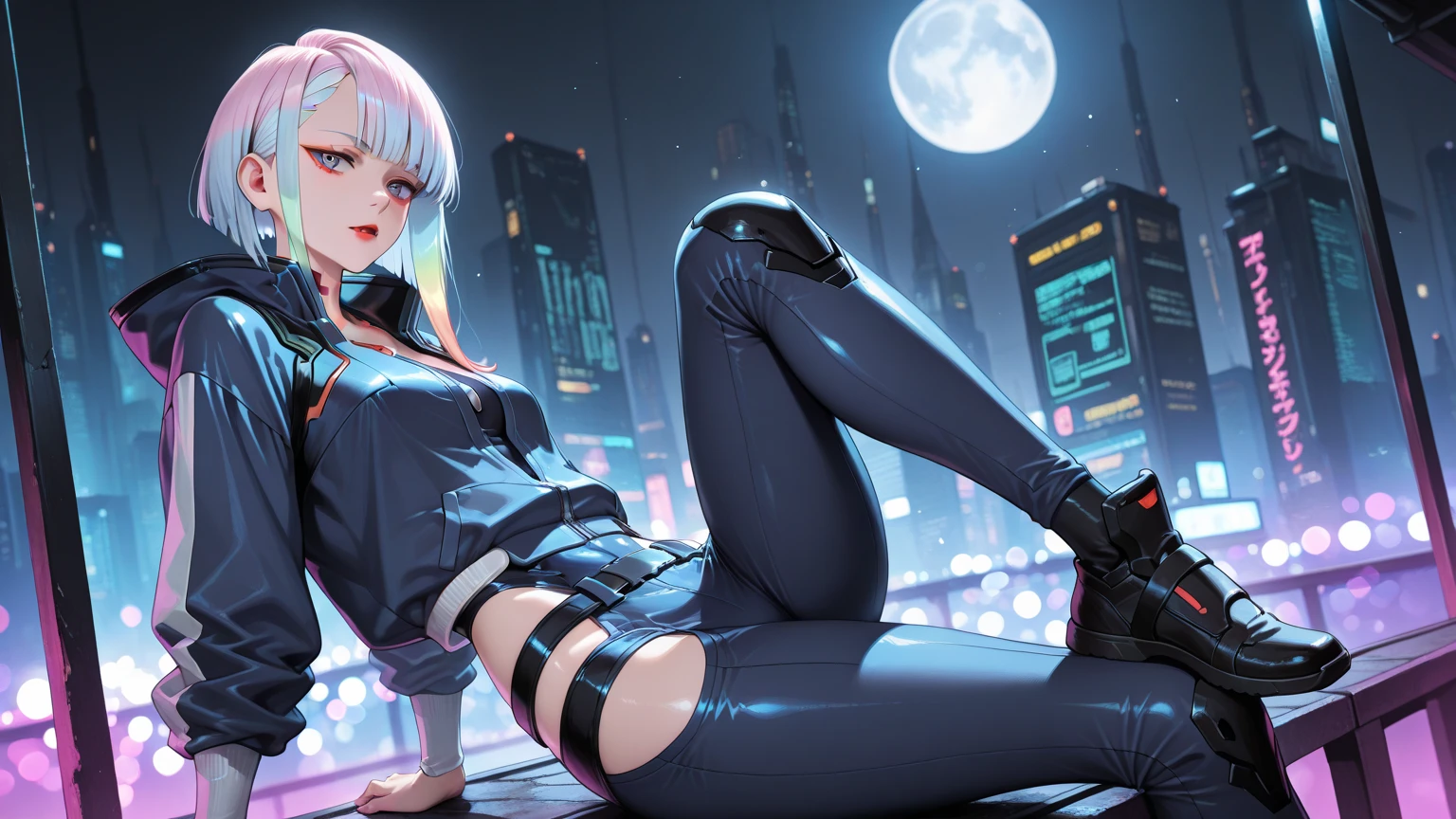 A stunning futuristic photograph Showing The Full Body of a beautiful Caucasian lady with dark, flowing multicolored hair, dressed in a futuristic fashion summer top and tight summer shorts, donning stylish sunglasses and fashion couture sneakers. She Is Posing On The Beach, The scene is set in an intricate cosmic futurism environment, filled with whimsical surroundings and ethereal liquid light particles that rain vivid light everywhere. The artwork is executed in an amazing a Hyper-Realism, capturing every intricate detail flawlessly. The image quality is at its best, with UHD, HDR, DOF effects, and shot with a DSLR camera capable of 8K resolution. The artist also used the Fujifilm X3 vogue style techniques to create this mesmerizing masterpiece.