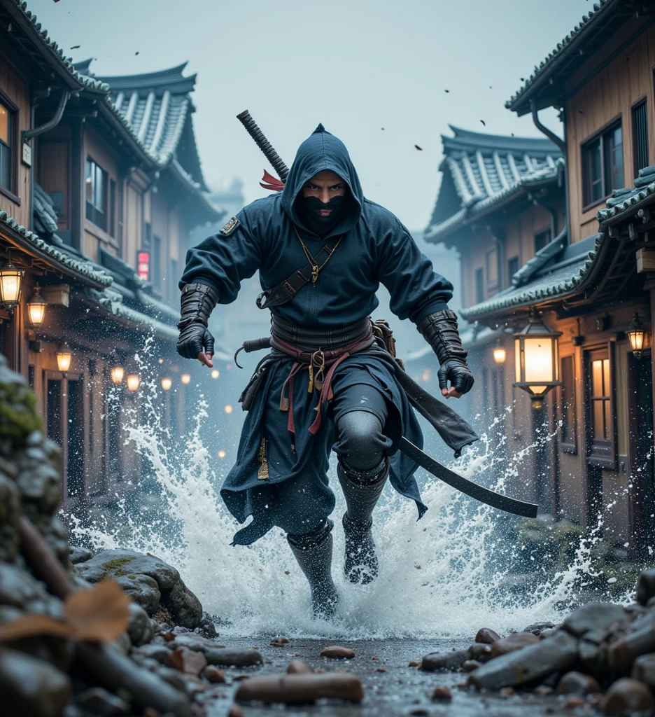 Ninja in black costume、Desperate Form、nervous expression、Shinobi ...