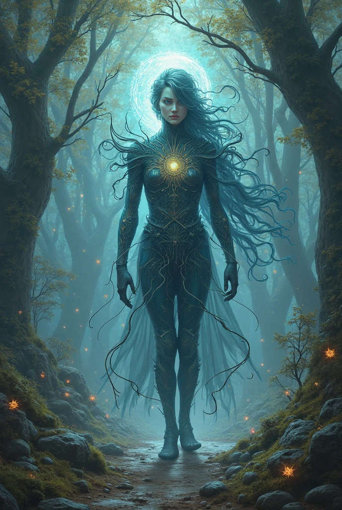 Dressed ((fur)) female alien, anthropomorphic avatar, three eyes, an eye in the middle of the forehead, cat ears, pointed beak, slender fingers, green flashing in the eyes, two hands, looking fierce, with a huge banyan tree, glittering, glowing plants in the background