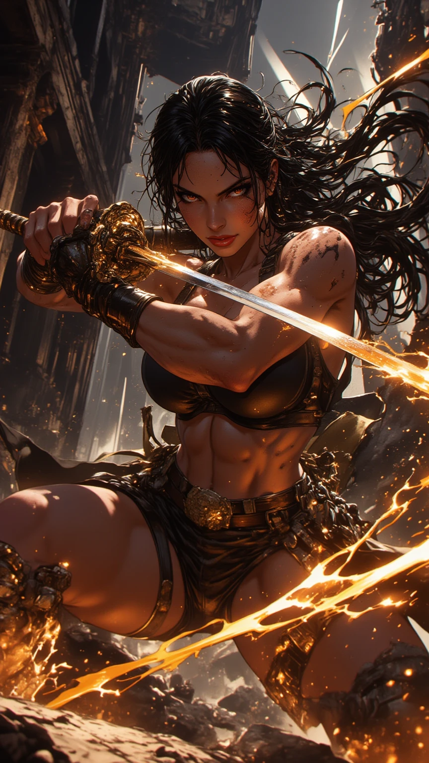 ((Raiders' clothing)), (((The face of a famous actress) )) ,((Painted with paints), ((Splashes and smears)), (The Official Art of Paints)), , (female chest) , ((Successful pose)), ( Successful composition in warm colors) , ((Torches with fire and spears are all around )) , (((Italian mafioso girl - raider)), ((The composition of the girl plunged a knife into the back of a man))