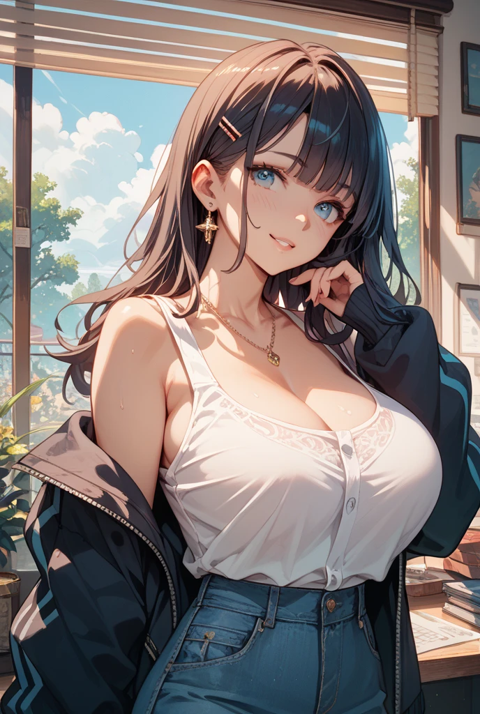 (masutepiece: 1.3), (max resolution: 1.2), (Ultra HDTV: 1.2), cinematric light, 8K resolution, Detailed eyes and skin, detailed facial features, Perfect limbs、Perfect fingers、Anatomically accurate body, Fingers in natural shape, Realistic texture, (Sharp Focus: 1.2), (Focus on Face:1.2), Perfect Style, (Beautiful face, kawaii eyes, Clear eyes、realisticeyes), acurate, Anatomically correct, ノ Highly detailed facial and skin texture, Detailed eyes, Double eyelids, Thin eyebrows, glitter eyeliner: 1 Natural cheeks, Glossy skin, Fair skin: 1.2, (Glossy lips: 1.4), (Shy look: 1.2),Highly detailed facial and skin texture, Detailed eyes, Double eyelids, Natural cheeks, ,shiny lips: 1.4),  (large breasts:1.5), Round Breasts, cleavage of the breast, Full body like, (red blush, embarrassed from:1.1), (shiny lips: 1.1),
((sitting on the chair, open legs, panties)), Neat and clean girl, 20yr old, 1 persons, cute, happy, Adult women, bangs flowing diagonally, 
Brown hair, (pastel color T-shirt, thin), (Pleated short skirt), 