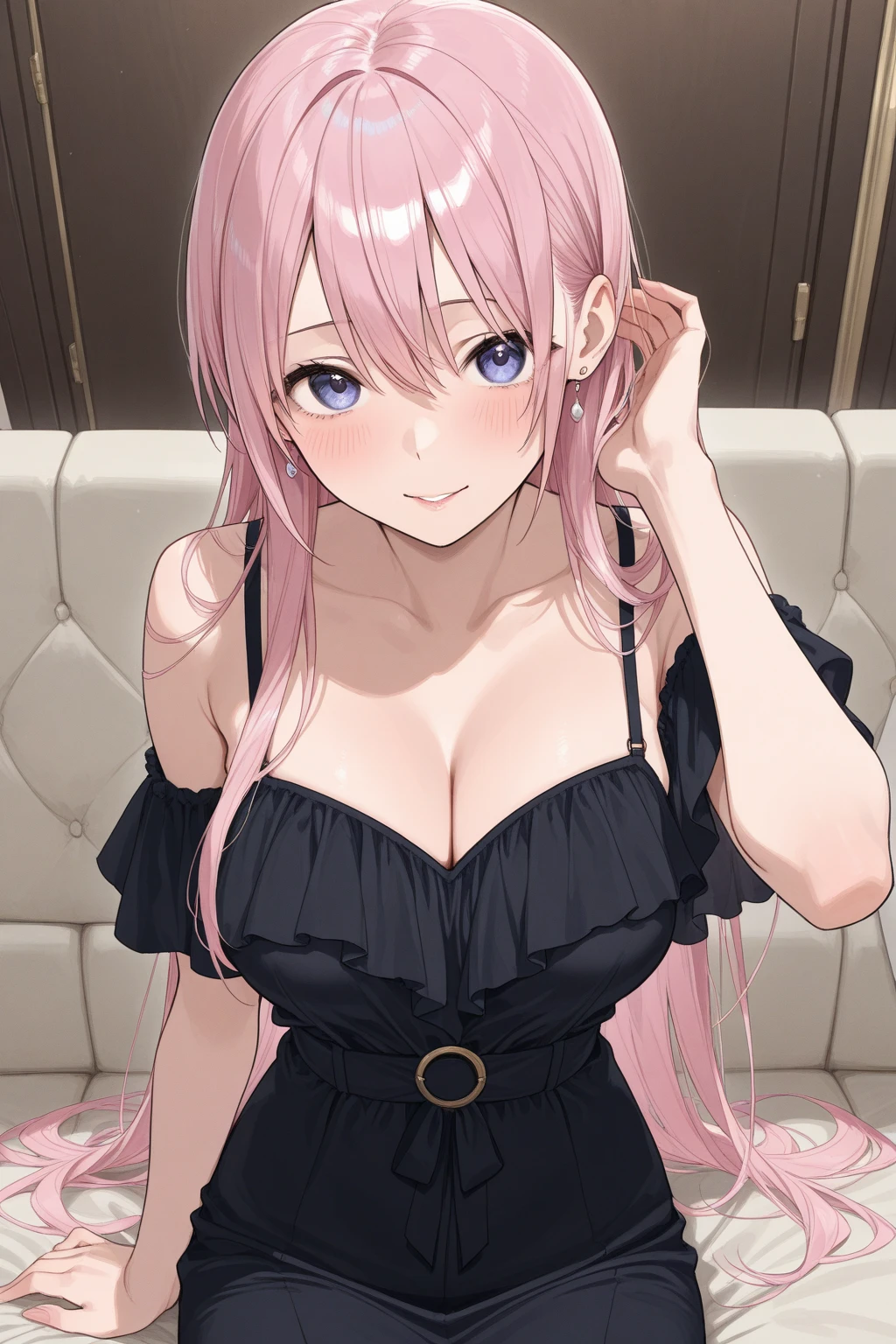 masterpiece,best quality,high resolution,chika1,fujiwara chika,naughty face,sundress clothes lift,blunt bangs,large breasts,