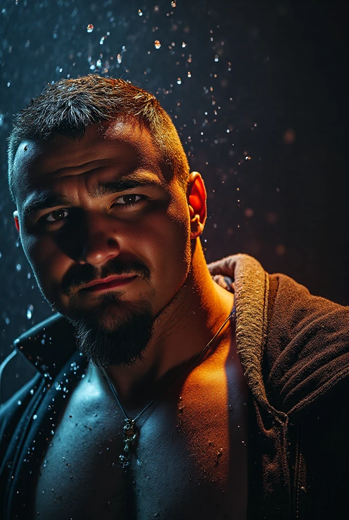 guttonerdvision10, Professional retro-style photograph of a middle-aged man with short military-style haircut, ((barba longa e grisalha)), ((corpo peludo)), vestindo uma jaqueta de couro preta (((sem camisa por baixo))). retrato de meio corpo, fundo preto, Chiaroscuro Studio Technique, ultrarrealista e altamente detalhado. Retro-style lighting can be applied as needed.