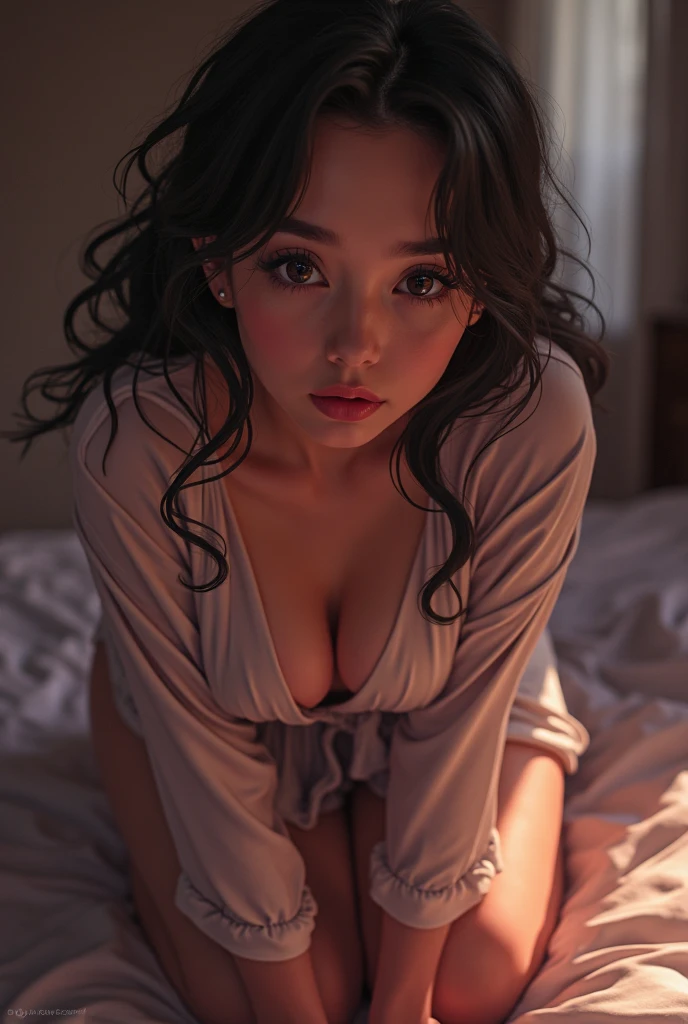 (RAW photo), (Realistic), (photo-realistic), ultra high resolution, masterpiece, highest quality, portrait, facial portrait, perfect lighting, detailed lighting, dramatic shadow, ray tracing, 1 Japanese beautiful lady, 20 years old, Voluptuous, cleavage, symmetrical eyes, beautiful detailed brown eyes, chubby lips, red lips, Super high resolution perfect beautiful teeth, big tits, big ass, big thick thighs, updo hair, black hair, half open mouth, smiling, looking at viewer, (V-neck Sweater:1.2), (black lace pantie:1.2), revealing clothing, in a old Japanese room, seductively posing on all fours on a bed, looking up flirtatiously, on the bed,