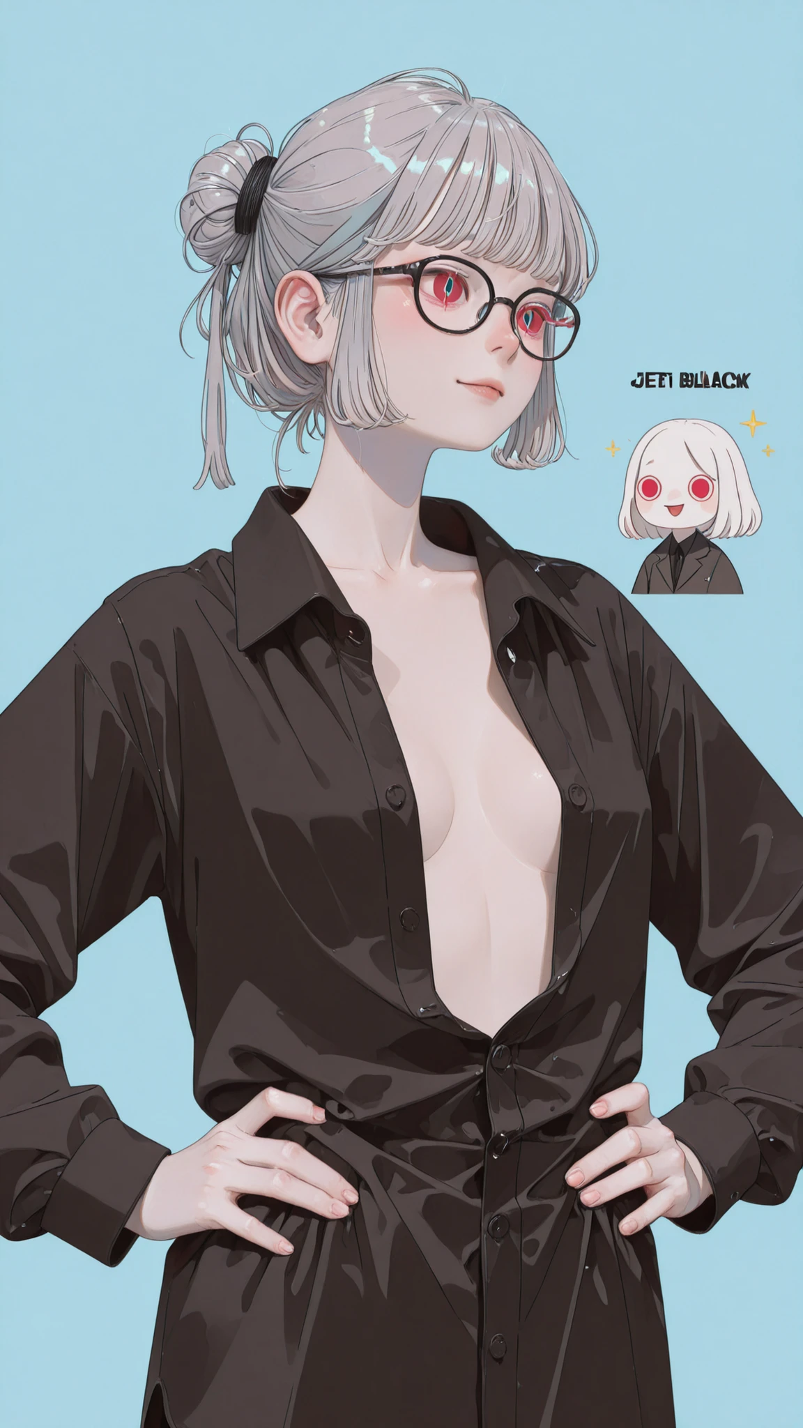 Realistic、realism、Portrait Photo、perfect anatomy、Very Realistic Skin Texture、Real Face、no makeup、((( Albino Woman )))、Very lightly pigmented eyes、Small face woman、cute face、Beautiful skin、Single Girl、 unnuited expression、teenager:1.37、(((Grey hair、bun hair)))、Beautiful Eyes、glasses、(((black business shirt、Jet black shirt 、shirt with open buttons)))、small breasts、Hands on Hips、Morning quiet time、white and pale blue background
