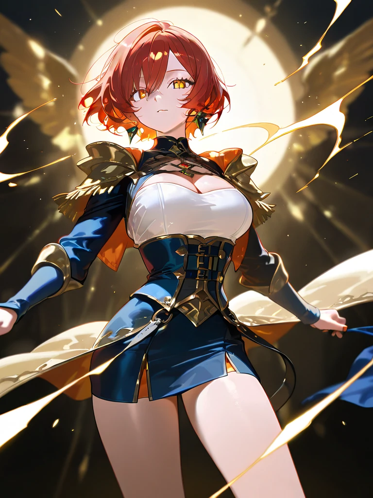 masterpiece, highest quality, so beautiful、Latest、girl, Orange Hair, short hair, Yellow Eyes、Wicked Smile、Wicked Smile,Shining Eyes、Super cool adult woman in monochrome British aristocrat fantasy costume、Bold Pose、Open your hands、Decoration、Be confident々、steampunk、Black Butler、Sebastian Michaelis、Looking up、cool