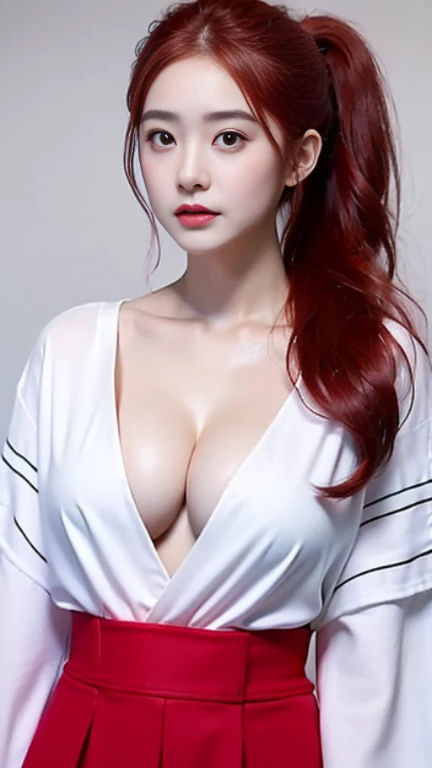 ((best quality, 8 thousand, masterpiece:1.4)), (1 woman), ((very small face:1.3)), (glowing skin:1.5), (very large cleavage:1.4), Pocket Dan Rosa Cosplay, (red hair:1.3), white clothes, white skirt, (t-shirt alphabet R), "R" Phrases, ponytail, English R on chest,
