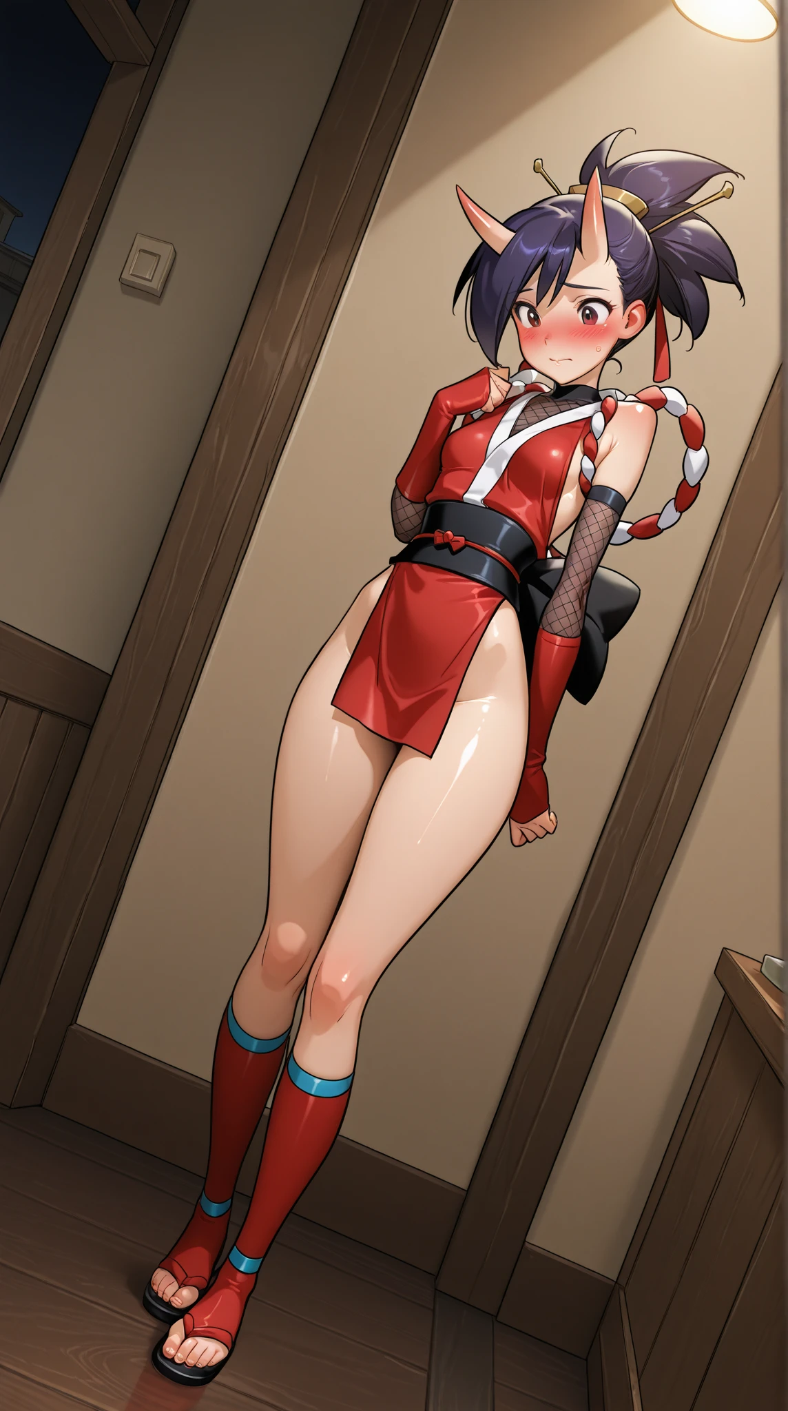 score_9, score_8_up, score_7_up, source_anime, realistic  BREAK 1girl, solo, adasweater, black hair, short hair, black eyes, red sweater, turtleneck, harness, pantyhose, black gloves, belt, parted lips, looking at viewer, lips, east asian architecture, chinese, china, indoors, ribbed sweater, wide hips, blush, contrapposto,((( 5 toes, black toe nails, Focus full body, tied ankles together,tied arms, with no shoes,)))