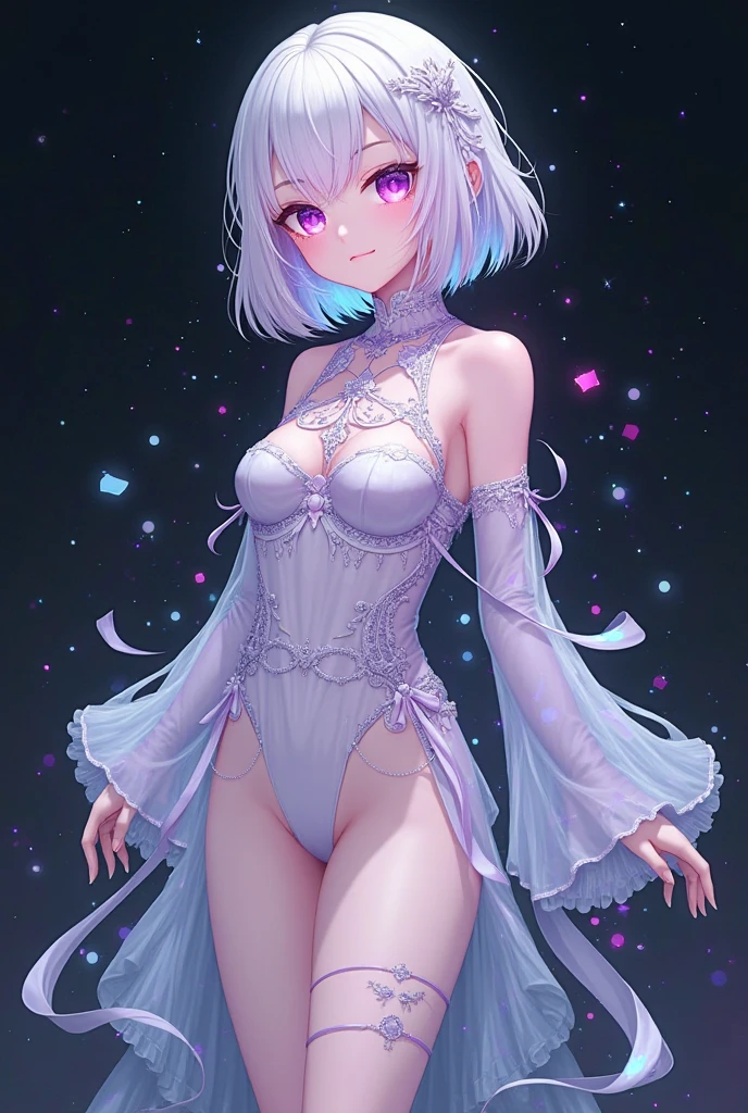 the hair，Nice face，blue bikini armor，Heterochromatic pupil，fully body photo，half moon，under moonlight，(tmasterpiece:1.1),(Best quality:1.1),(HighDynamicRange:1),ambient light,Super quality,( Super detailed original image),(1 Sister, whole body part),((harajuku fashion)),((flower with human eyes, flower eyes)),double contact,A fusion of fluid abstract art,An error occurred,(Original illustration composition),(Limited color mixing, Minimalist art style, butterflys, artistically),Lace