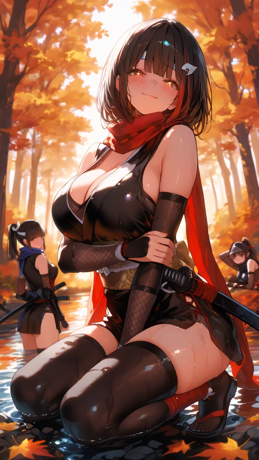 (masterpiece, best quality, ultra detailed, absurdres)1.5, 1girl, (sexy, beautiful woman, perfect face, perfect eyes, perfect female body, large breasts)1.5, (saion-ji enju, black scarf, black dress, cleavage, bare shoulders, navel, detached sleeves, brown thighhighs, <lora:enju-nvwls-v1:0.7>), (full body, fighting stance, outdoors, forest, night sky), perfect lighting, smooth, hdr