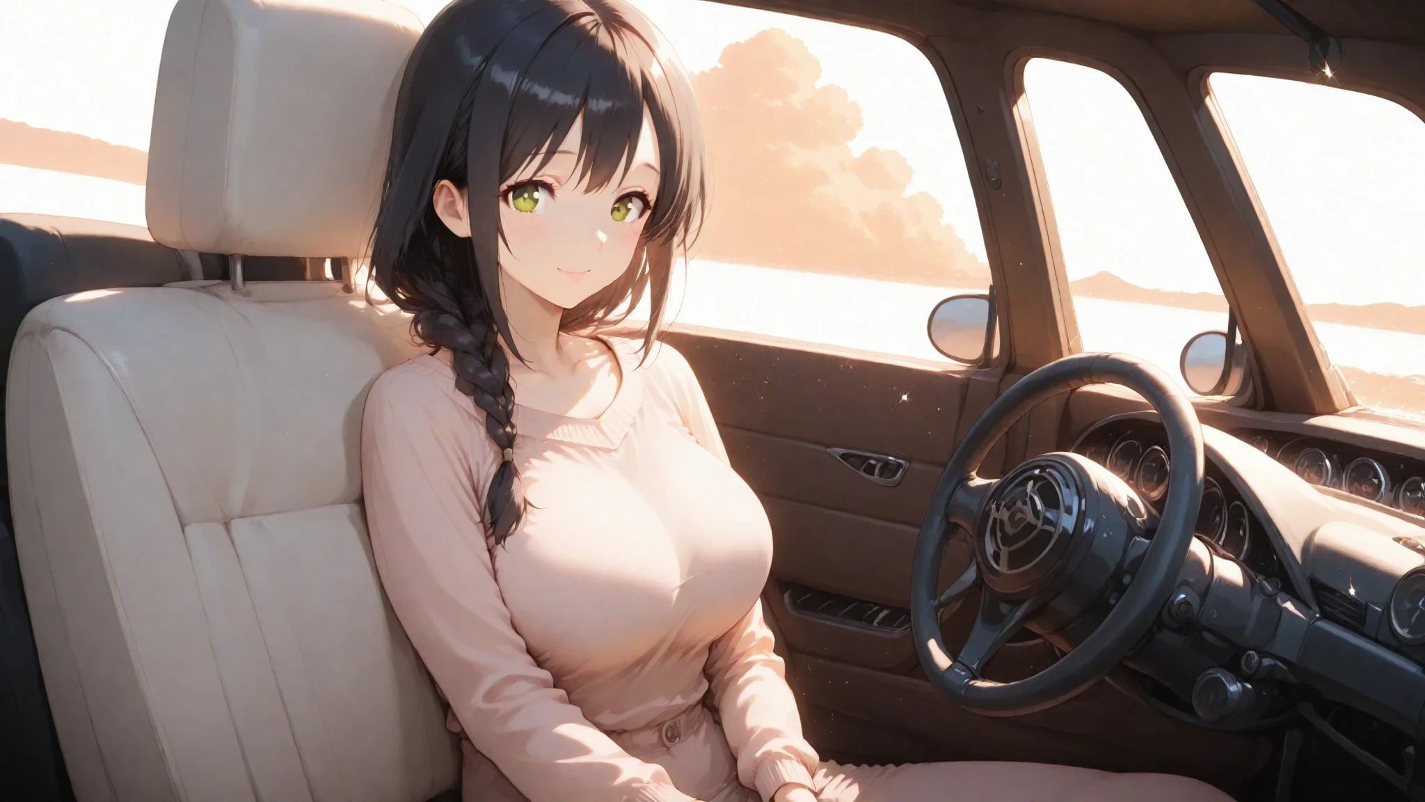 medium shot, (looking away:1.5), side angle, Realistic, real person, RAW photo, photorealistic, portrait photography, shiny skin, japanese idol、(20 year old woman with black bangs) and (blunt bangs) and (straight midium hair), cleavage, (wearing a white V-neck tank top:1.5)、(closed eyes:1.5), Alone、The background is the interior of the car、Sitting in the passenger seat of the car