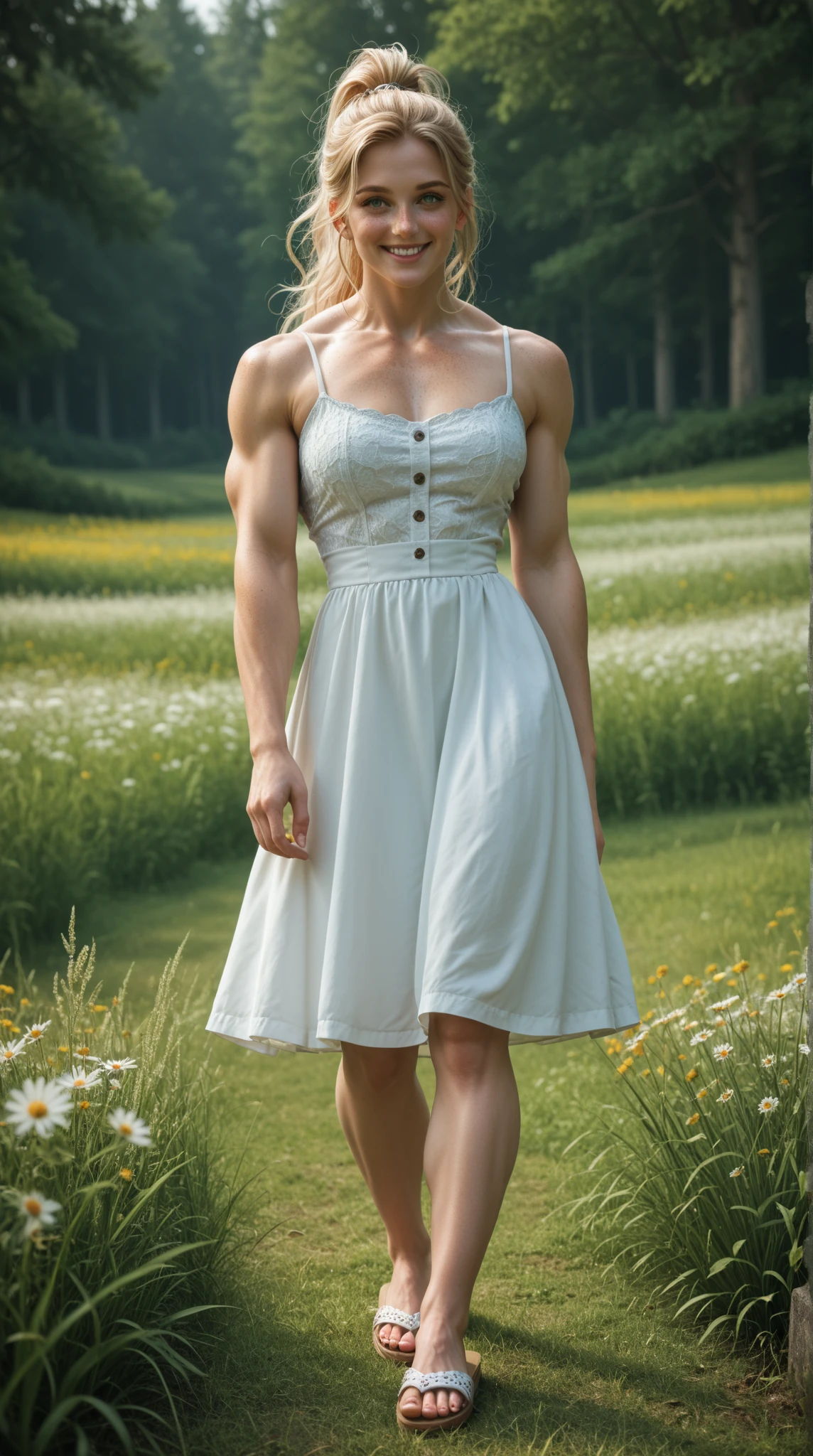 (Muscular:1.7), (large round breasts:1.4), (large muscular chest and shoulders:1.1), (tween girl:2.1), FEMALE, brown hair, long brown hair, (big smile:1.6), (wearing a flowy colonial style dress and flats shoes:1.5), looking at viewer, (three quarter view:1.2), upper body view, (field:1.6), dark lighting, detailed skin, detailed eyes, (clean skin:1.5), (tiny waist:1.5), exaggerated hourglass physique, (huge body muscles:1.5), (one protagonist:1.5), (tall:1.8),