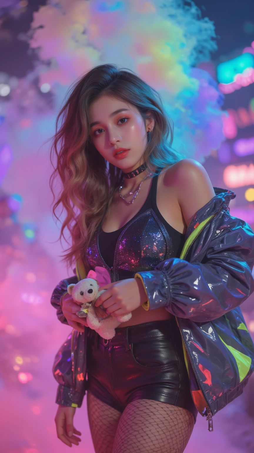 Top Quality, Masterpiece, High Resolution, 8k, (((cute skinny barely legal girl in oversized shiny puffer with plunging neckline, small perky breasts, beautiful detailed eyes, beautiful detailed lips, small closed mouth, extremely detailed face, tanned skin, random long hair style, small hips))), cyberpunk, moody atmosphere, dramatic and random neon colors, futuristic setting, intricate details, at night, backlit, random neon color, full body shot, view from distance, random pose