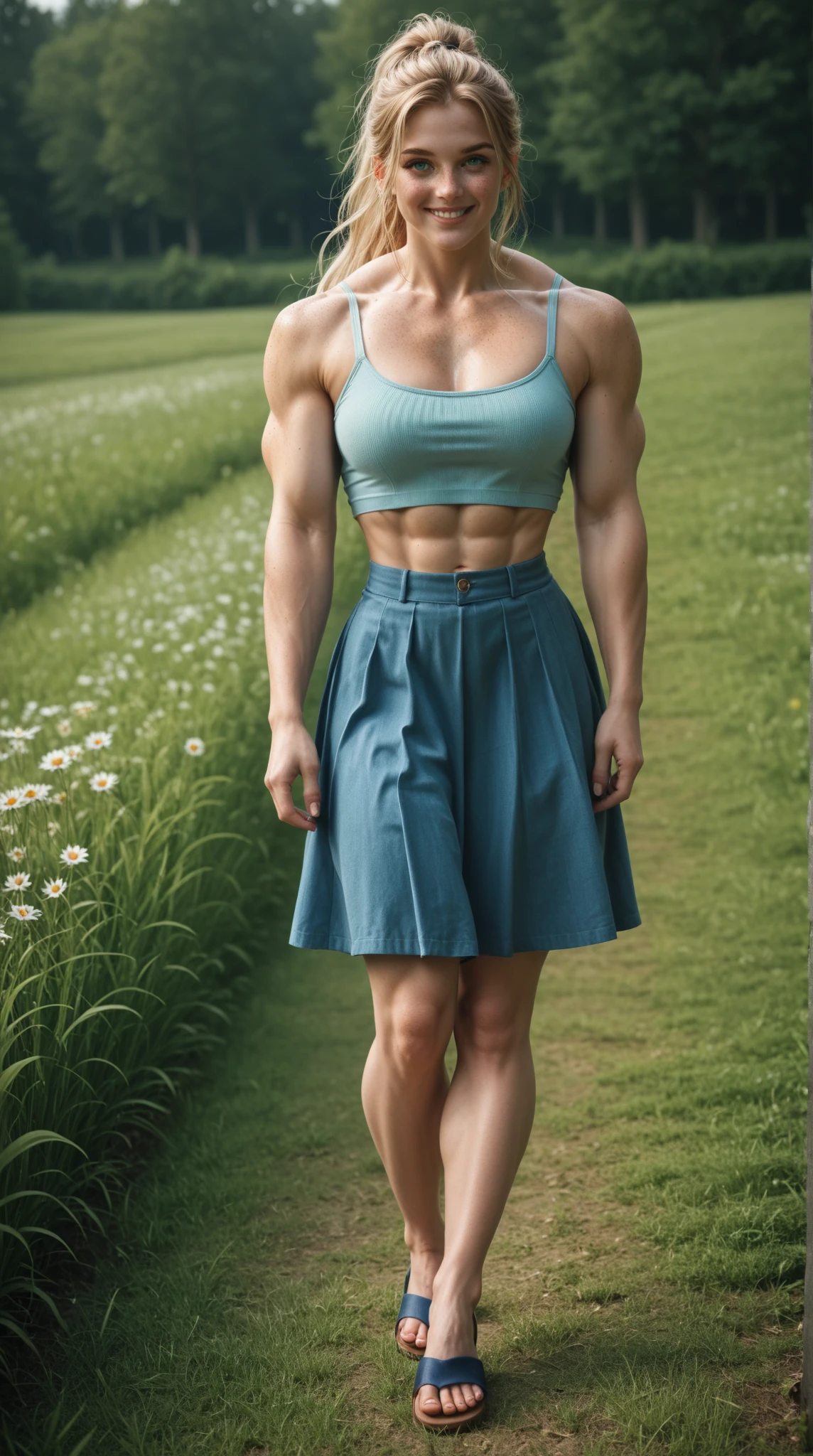 (Muscular:2.7), (thick thighs:2.6), 
(blonde female), (blunt bangs, pixie cut:1.4), (hair bow:1.5),
(wearing glasses), earrings, eyeshadow, lipstick,
detailed eyes, (big smile:1.7), detailed skin,
(hard protruding nipples:1.7), (small breasts:1.8),
(choker, wearing a light blue sundress at a picnic table, v-neck, cleavage:2),
(upper body view, three quarter view:1.6), (looking at viewer:1.5), (standing up straight:1.6), from above,
(park), rim lighting, two tone lighting, dimly lit
