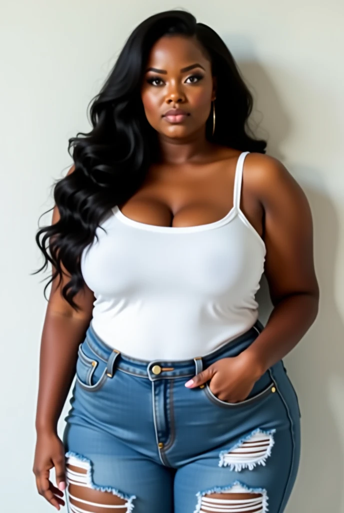 An Indian girl with dusky skin and curvy figure with big breast size and thick thighs wearing black exposing body suit with jeans of age 25-32