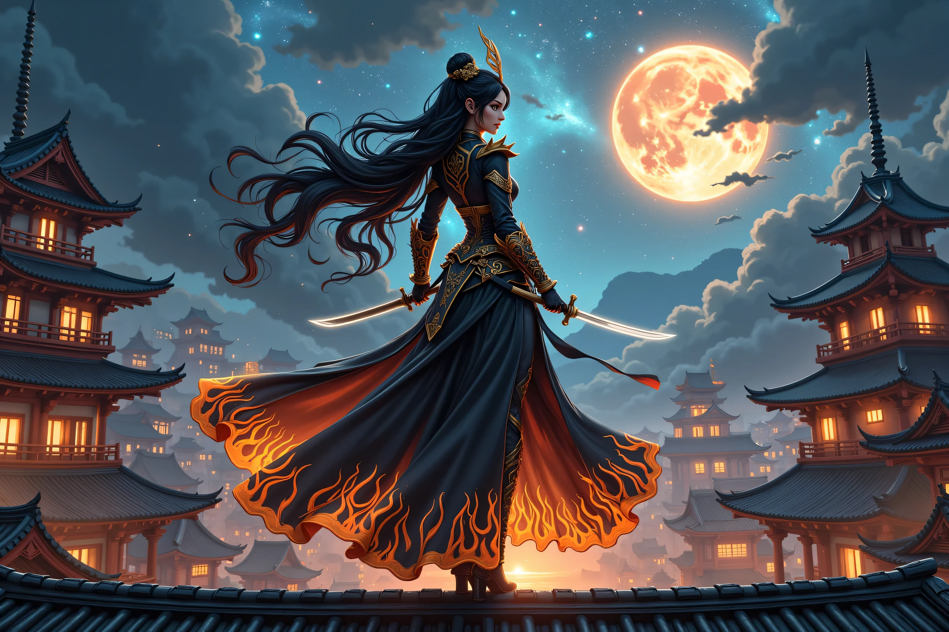 zavy-ctcmcs,hyp3rd3tail style, Celestial Fantasy, a picture of a female ninja warrior princess holding a katana, at night, on a roof top ,  watching fantasy medieval Japanese temple (intense details, Masterpiece, best quality), elegant, glam, fantasy black ninja clothes with flame patterns, high heels boots , an ultra wide shot, full body (intense details, Masterpiece, best quality)epic beautiful female ninja warrior princess, rich hair, flowing hair, action shot, sense of daring, sense of awe, fear,,  high details, best quality, 16k, [ultra detailed], masterpiece, best quality, (extremely detailed), dynamic angle, ultra wide shot, photorealistic, RAW, fantasy art, dnd art, fantasy art, realistic art, 