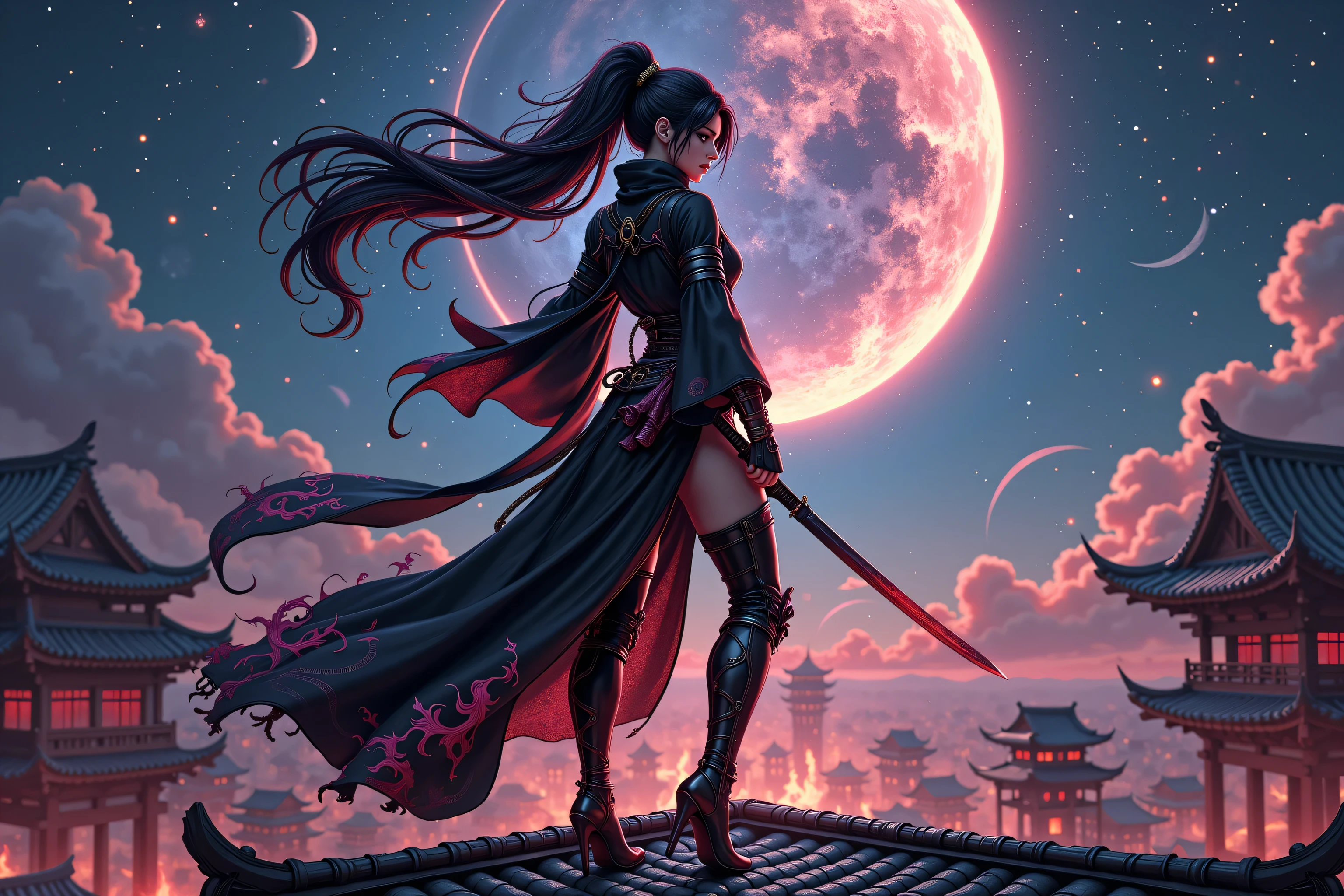 zavy-ctcmcs,hyp3rd3tail style, Celestial Fantasy, a picture of a female ninja warrior princess holding a katana, at night, on a roof top ,  watching fantasy medieval Japanese temple (intense details, Masterpiece, best quality), elegant, glam, fantasy black ninja clothes with flame patterns, high heels boots , an ultra wide shot, full body (intense details, Masterpiece, best quality)epic beautiful female ninja warrior princess, rich hair, flowing hair, action shot, sense of daring, sense of awe, fear,,  high details, best quality, 16k, [ultra detailed], masterpiece, best quality, (extremely detailed), dynamic angle, ultra wide shot, photorealistic, RAW, fantasy art, dnd art, fantasy art, realistic art, 