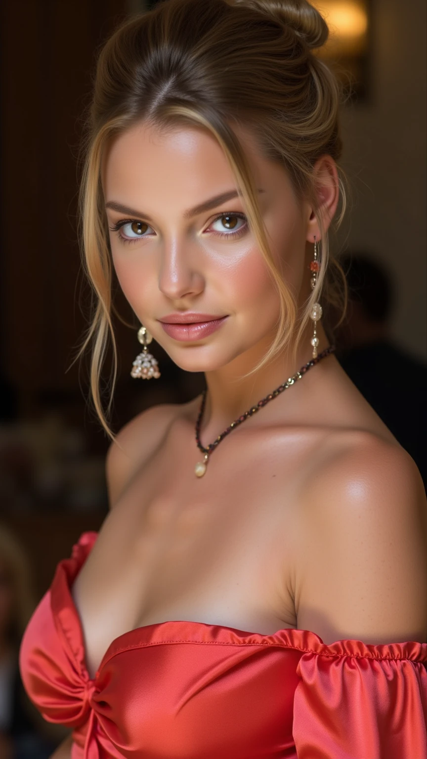hyperrealistic beautiful busty 19-year-old woman with long legs wearing gold satin romper, model shooting full body photography, bleached blonde very long straight updo hair, soaky wet skin, dark eye makeup with eyeliner, seductive smile, red lips, 8K, Best quality, Meisterwerk, ultra high resolution, (Realismus: 1.4), Originalfoto, (realistische Hautstruktur: 1.3), (Filmkorn: 1.3), (Selfie-Winkel), 1 girl, Beautiful round hazel eyes and facial details, Meisterwerk, Best quality, indoor photography