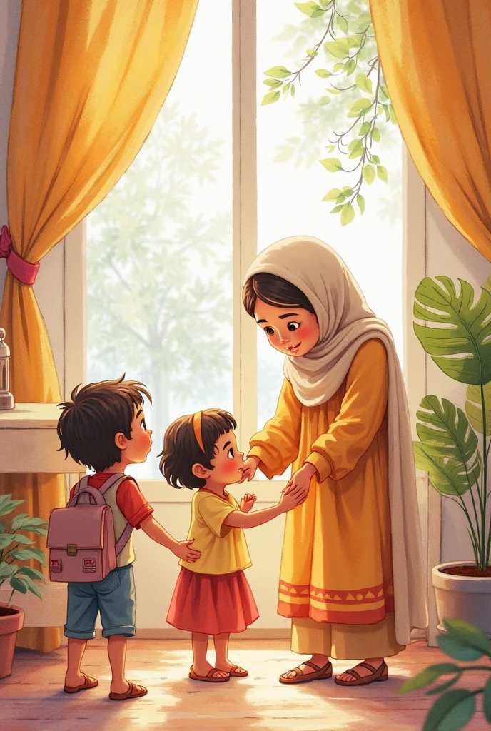 One day, early in the morning, the mother was getting her three sons boy ready to go to school mother and her sons ful in Islamic libas in 16.9 size plz in carton stily