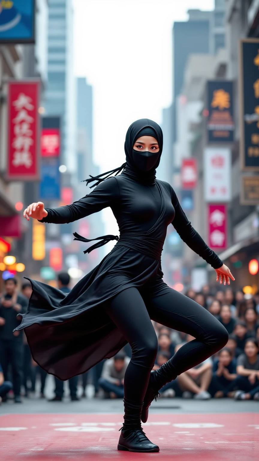 A short princess in a pink dress and a ninja dressed in black