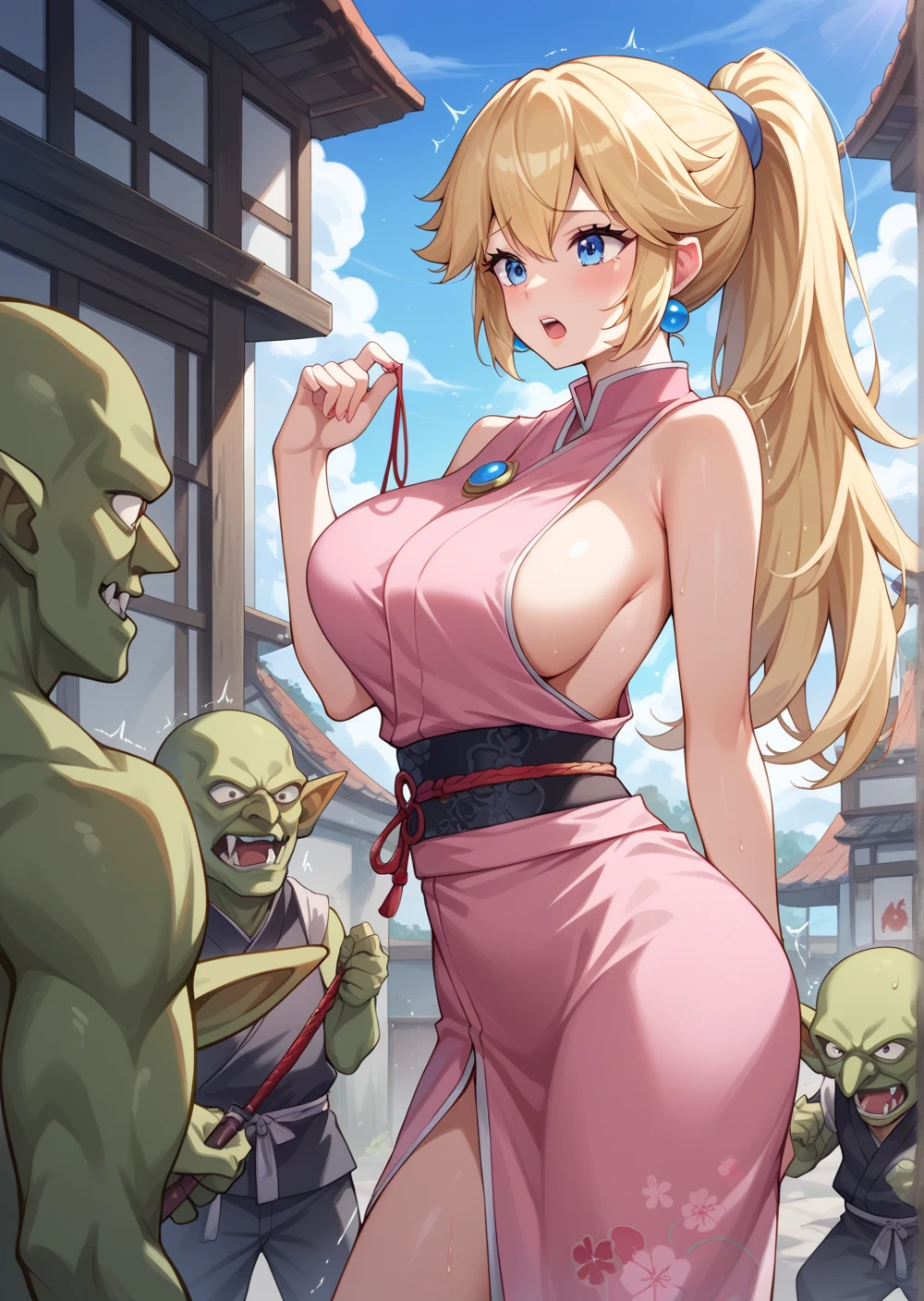 (((masterpiece, best quality))), (((thicker lines))),(large boobs:1.3), (((erected nipples))), (((topless))), random insane  hair, sexy lips, (bilaterally symmetrical:1.3), (((hyper largest_breasts!! with the type of boobs_melons))), (cleavage:1.3), (cleavage view:1.3), Game cover art:1.5), (masterpiece:1.2),(Closeup:1.2), (masterpiece:1.2), (best quality:1.2), (Closeup:1.2), (masterpiece:1.2), (best quality:1.2), Game cover , 1girl, 
a fierce warrior Waifu with a magical sword in hand, battling an overwhelming army of goblins under the eerie glow of a blood-red moon. She’s surrounded by chaos, with her blade cutting through goblins as they charge from all directions, while she stands resolute and determined amidst the mayhem.