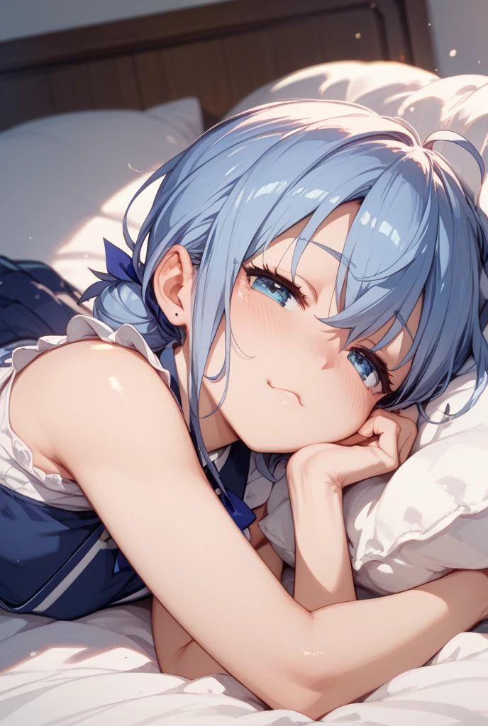 ​masterpiece,top-quality, Best Quality, the Extremely Detailed CG Unity 8K Wallpapers, Cinematic lighting, Lens Flare, Eyes in Beautiful Details, side glance, colorful light, Particle, portrait closeup,Cornflower Art、dream-like,hight resolution、volume illumination、contour deepening,Back lighting、Very detailed 8k wallpaper、 1 girl in,独奏, clinic、drapes、s Pajamas、lying back、Hospital Beds、confinement、Crying face、Cuffed、Blue hair、Orange Eyes