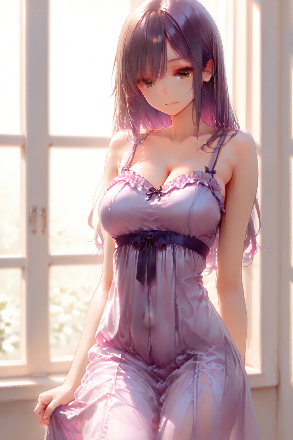 ((beautiful eyes)), ((masterpiece:1.3)), best quality, ultra-detailed, ((illustration)), 1girl, solo, ((negligee, panties, frills)), nighttime, night, ponytail, pink hair, red eyes, room, bedroom, door,
canine teeth, naughty face, mischievous, playful, comfortable, relaxed, confident, satisfied, happy, natural light, shadow, contrast, texture, detail, realism, impressionistic, expressionistic, innovative, experimental, unique, warmth, coziness, intimacy, personal space, privacy, relaxation, ease, contentment, pleasure, self-expression, individuality, fashion, style, aesthetics, beauty, sensuality, flirtatious, provocative, innocent, youthful, energetic, vibrancy, joy, emotion, creativity, imagination, artistry, composition, balance, harmony, rhythm, color, light, shadow, reflection, refraction, tone, contrast, foreground, middle ground, background, naturalistic, figurative, representational
