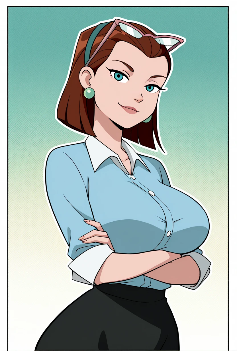 businesswoman, young, beautiful, huge breasts, cleavage, red hair, messy hair bun, tied hair, hair up, close shot, looking at viewer, smile, closed mouth, black high waist pants, white collared shirt, office background, windows, (masterpiece, best quality:1.2),