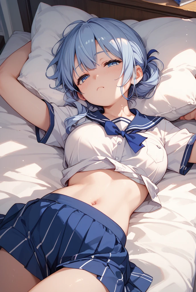 (Highest quality、Masterpiece、Very detailed、4K)、One Woman、17 years old、Silver Hair、short hair、(((beta)))、chest、arm、Beautiful face、Thighs、((Sleeping in bed))、((((Spread your legs)))