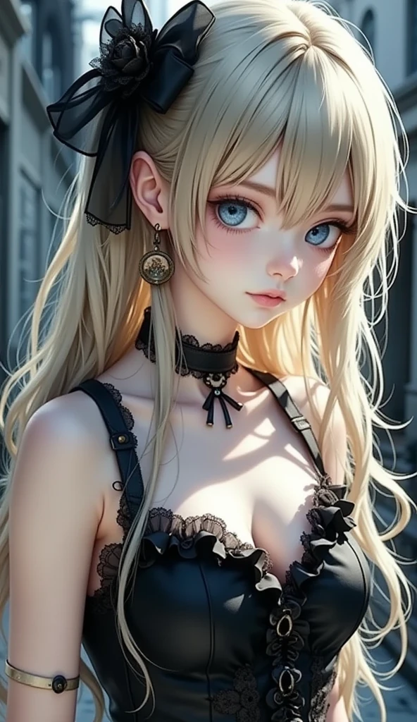 (Raw photo, Best Quality), ((nostalgia,Cile in the 1980s)),(Girl in a literary atmosphere:1.2),(Realistic, Photorealsitic:1.3), (Huge boobs:1.6), (Long wavy blonde hair in braids), a blond, Choker,very pale skin,hyperdetailed face, Detailed lips, black lipstick, Fine eyes, Double eyelids, Tight goth clothes, Extremely delicate and beautiful, amazing, finely detail, masutepiece, Ultra-detailed, hight resolution,Best Illustration, Best Shadow,Convoluted,depth of fields,(closeup portrait of a young beautiful woman:1.2),Long hair,hair messy,((((lowkey,Dark Scene,The dim)))),(((Soft lighting:1.4))),(pale skin:1.4),(Shy smile),(Cinematic Angle),Sharp Focus, Volumetric fog, 8K UHD, Digital SLR, High quality,( Film grain:1.4), FujifilmXT3,(Looking at Viewer), pale skin, Full body shot