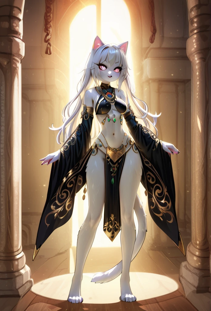8k, masterpiece, very realistic, Full body sexy pregnant cat woman, standing, faraon cat girl, Cleopatra, Egyptian style, tail, cat ears, very slim waist, very tall, blue ancient Egyptian clothing design, white hair, dynamic pose, pregnant,  