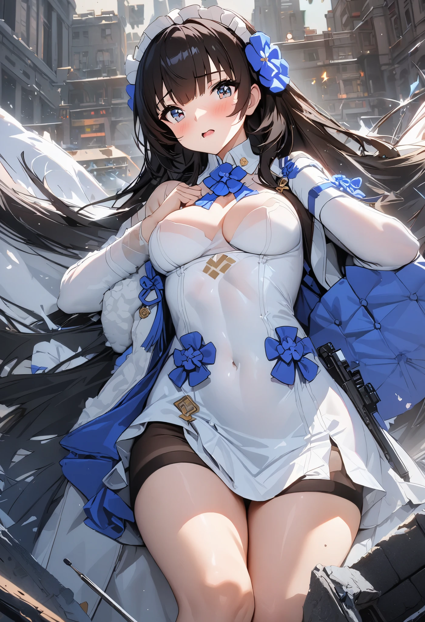 Tall girl, long black hair, fox ears, blue eyes, old Russian fighting uniform, smile, open shoulders, chest neckline, masterpiece, high quality