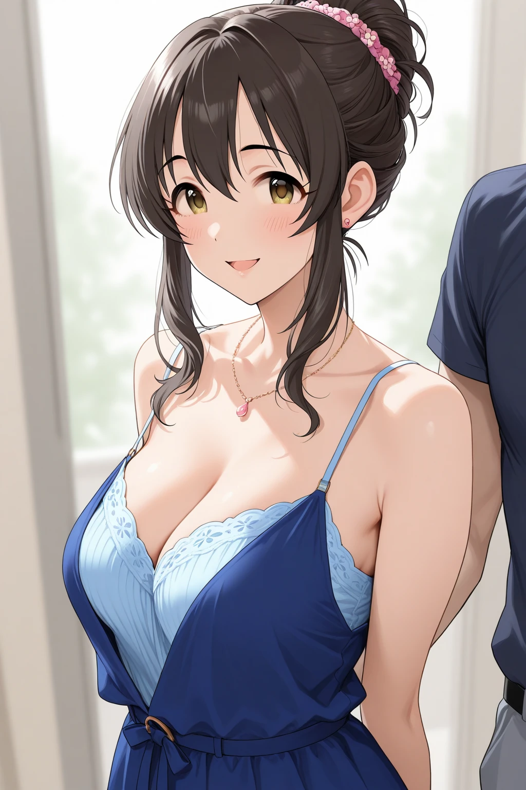 8K, high quality, animation, married woman, fair complexion, beautiful woman, small face, neat, bright, emphasis on eyes, sexy, super big tits, beautiful line drawing. Black hair, white skin, brown eyes, smiling, breast up, ((big tits)), black dress,