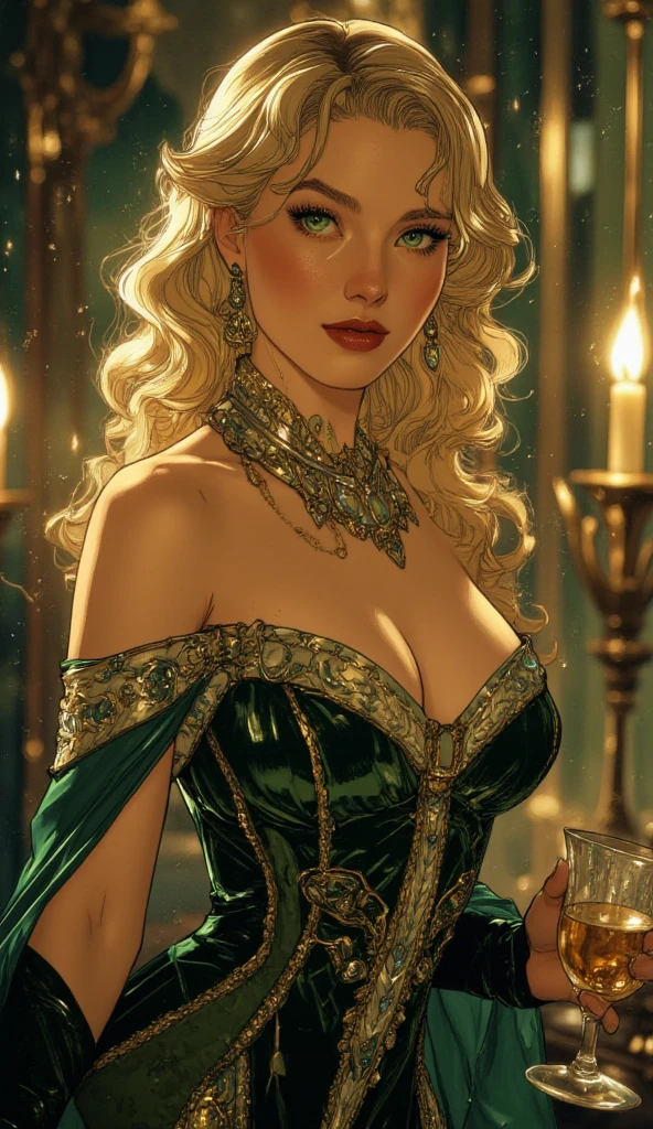 {-erro_de_anatomia:1.0} woman 40 years old, victorian clothes, (green dress), a woman (johanna constantine), very long blond hair, curly hair, (blond hair), (dark blue eyes), black choker . Indifferent look , merciless, dinamic poses, egoist smile