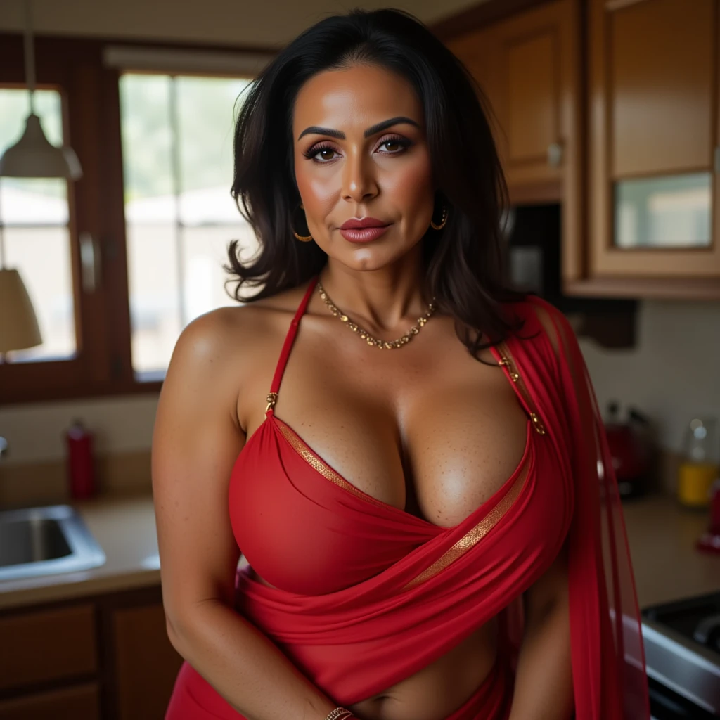 (Wrinkles:1.3), black hair, italian, tanned, full lips, white skin, 50 years old, thick updo hair style, hair bun, mess hair bun, beautiful eyes, make-up, lipstick, natural skin, hyper realistic skin, full body photograph, seductive pose, very large size breast, naturally breast, simple necklace, in the kitchen, (wearing red summer dress:1.2)