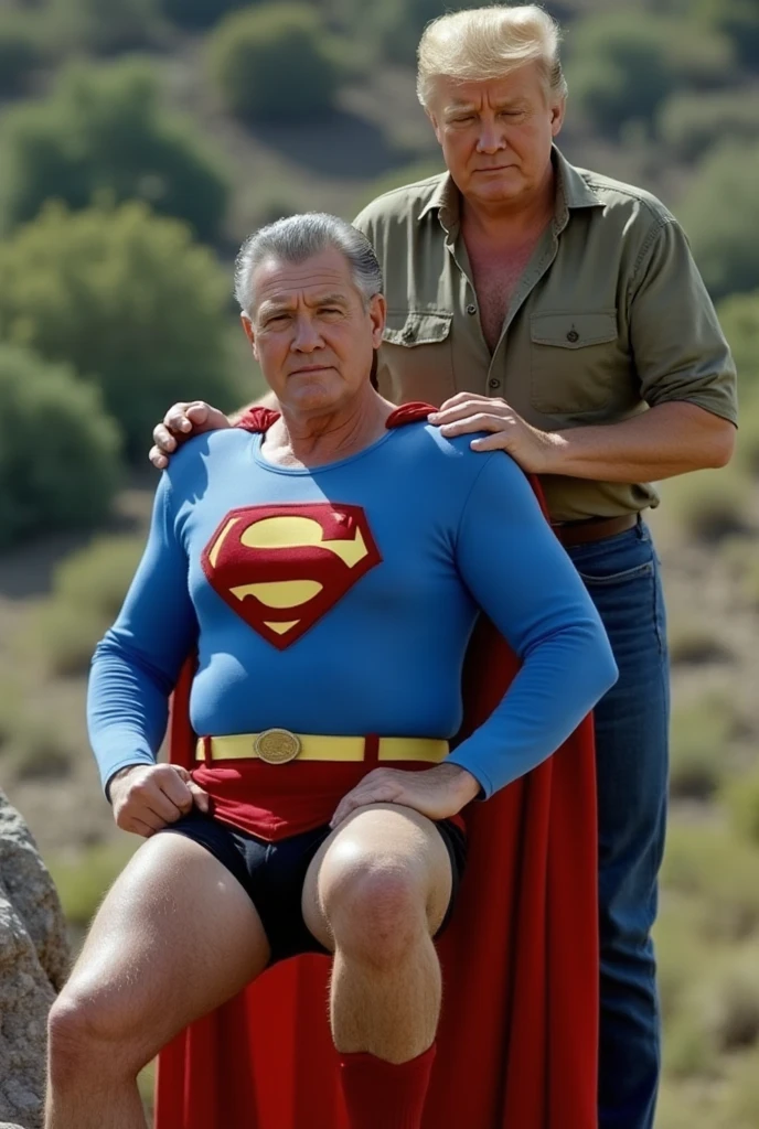 1970s, cold, cloudy sky, 70-year-old naked Superman, in granny brief, very broad shoulders, very protruding chest, very thick neck, arms and thighs that have gained fat, no abs, Superman mark spread out to the sides, bulging crotch, captured and standing on a cliff