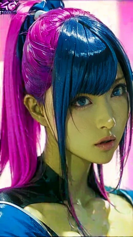 1girl, blunt bangs, braid, wide sleeves, hair ornament, japanese clothes, red obi, (purple hair:1.2), very long hair, straight hair, looking at viewer, highly detailed background, (photo realistic:1.2), detailed eyes, red eyeshadow, depth of field, symmetry eyes, (ulzzang-6500:0.7), (solo:1.2), (cyberpunk city:1.1), cleavage, hand on lips <lora:raidenShogunRealistic_raidenshogunHandsfix:0.3>,<lora:pillory_v10:1.1>( pillory:1.3)