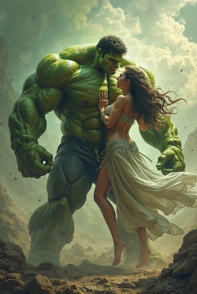 Imagine Female Hulk (Pink Colour Body) with Male Hulk (Green Colour Body) in Side Forest, Wide Angle View,