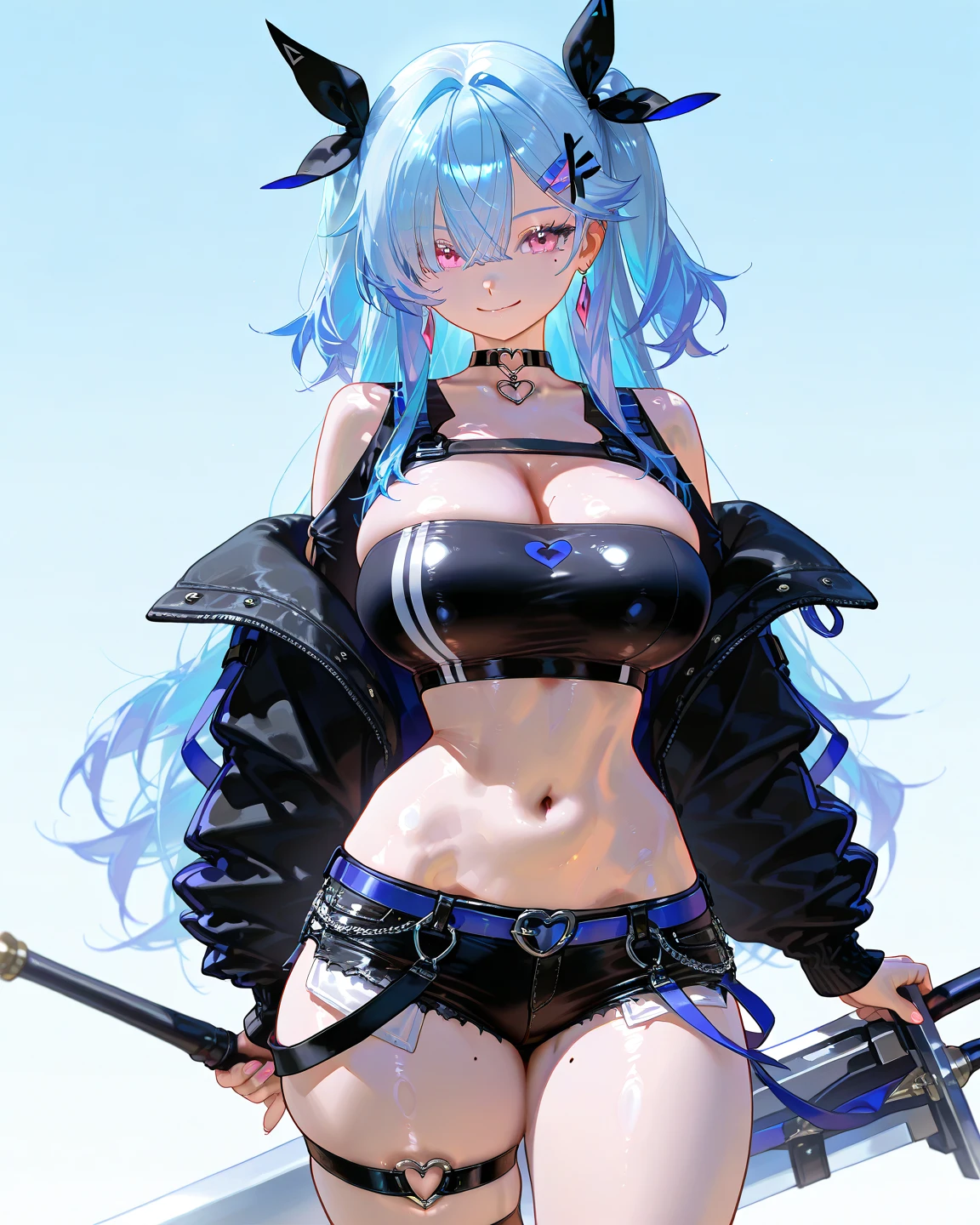 ((1 lady))、((Combative posing:1.5)), ((fighting stance:1.2))、((dynamism:1.3))、((dynamic angle:1.2))、((Hover effect:1.4))、from above、ultra-detailliert, Top image quality, digitial illustration, Seductive Anime Girl, Glossy realistic skin texture、Meticulously drawn hair, Meticulously drawn eye, Sharp Focus, Precise human body structure、Smooth texture、((Holding a big Heavy artillery:1.4, armament:1.3))、((bazooka and gatling gun and rocket launcher))、((Being in battle field:1.4))、((seductive smile))、((latex micro bikini:1.3 crop top:1.3))、((sleeveless))、((collarless))、((cleavage:1.3))、((crop top navel))、((highleg:1.3))、((huge breasts:1.4))、((huge hip:1.3))、((thick thighs))、curvy、((collarbone))、((cameltoe))、full body