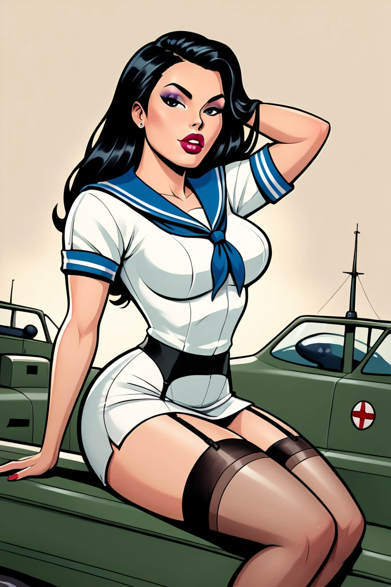 (masterpiece, top quality, best quality, official art, beautiful and aesthetic:1.2), (1girl:1.3), dark brown hair victory curls, vintage 1940's American hairstyle, extremely detailed, portrait, looking at viewer, solo, (full body:0.6), detailed background, close up, vintage makeup, retro style, (warm summer military base theme:1.1), busty human pinup girl, elegant face, long face, charlatan, smirk, mysterious, posing on top of a tank, patriotic costume, star spangled costume, high heels, legs, M4 Sherman tank, WWII tank, armored vehicle, ((((gigantic breasts, skindentation, cleavage)))), toned, slim waist, slim hips, long legs, muscular legs, historical (WW2 army base exterior:1.1) background, dark mysterious lighting, shadows, magical atmosphere, dutch angle