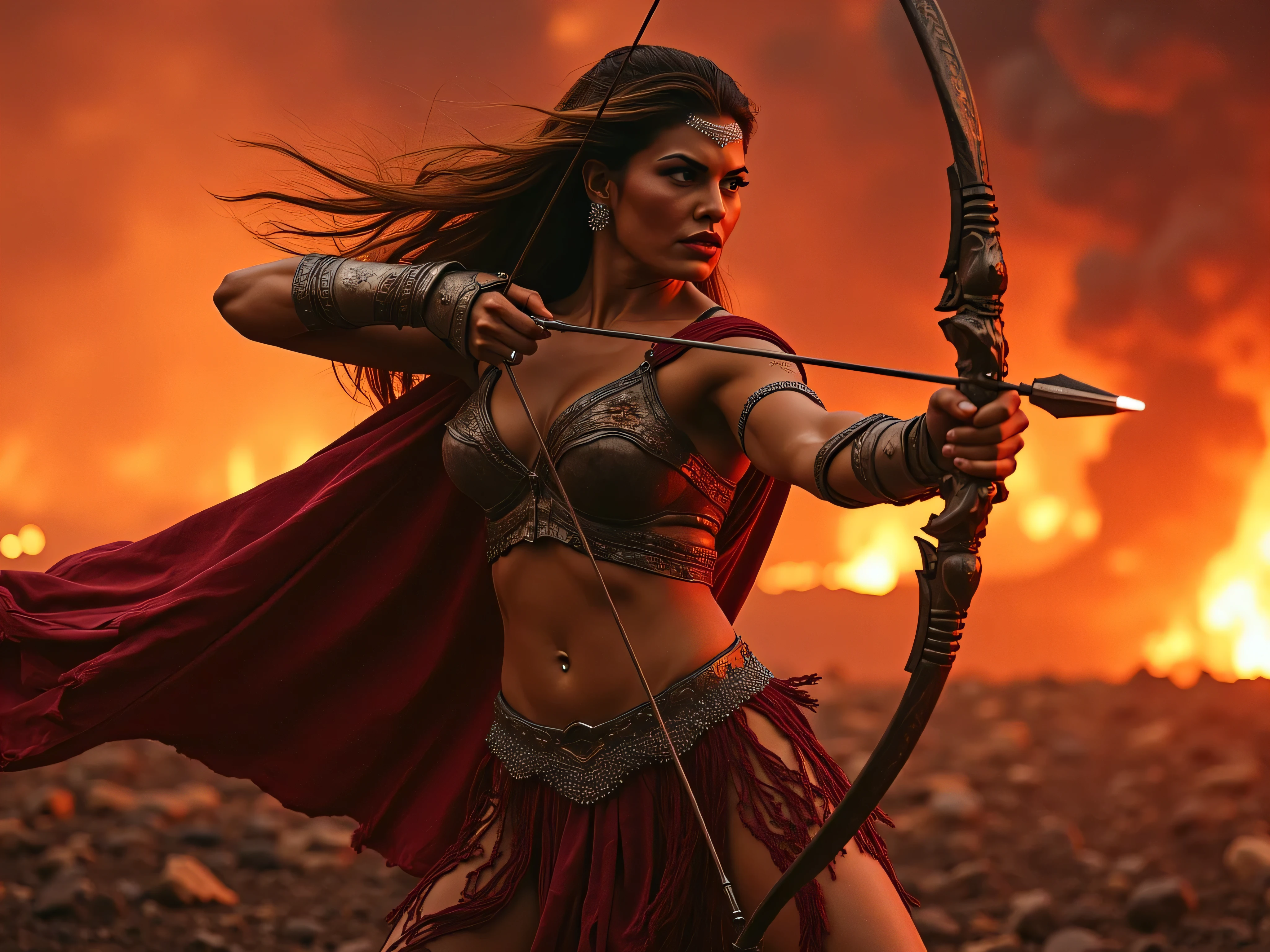 JacquelineFernandezFlux, UHD 4K wallpaper, close-up hyperrealistic shot of a furious, voluptuous, muscular Amazon warrior goddess, , deep cleavage, wearing skimpy breastplates, low-rise revealing ragged loincloth panel skirt, armored gauntlets, battle-worn, fluttering heavy cape—torn and shredded, dynamic action pose. She is aiming forward with a divine longbow — a large, ornate, photorealistic bow with a single, perfectly taut, straight bowstring clearly visible, fully drawn, showing extreme tension, aligned precisely between the hand and the arrow nock. The arrow is centered, sharp, glowing faintly, ready to fire. Bloody battlefield setting: scorched earth, fire, smoke, volcanic eruption, crimson-red cloudy apocalyptic sky. Front view, low-angle cinematic frame, epic fantasy realism, ultra-detailed, high contrast, dramatic lighting, masterpiece concept art, photo-realistic, cinematic depth of field, anatomically perfect.