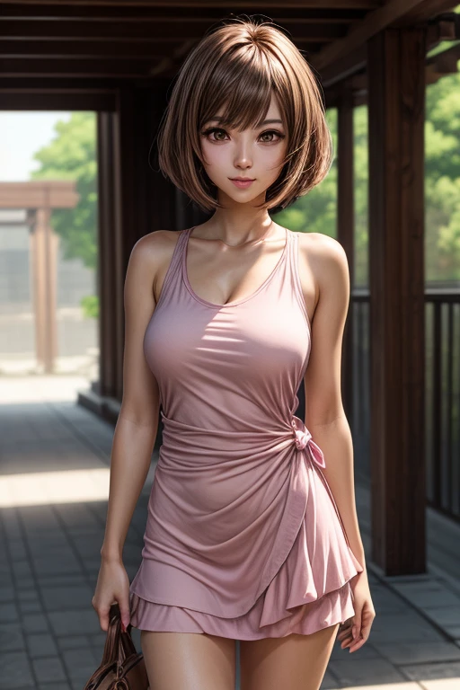 1 girl (30yo) , upper body, slim waist, small breast, sexy pose, naugthy face, bangs, random hairstyle, cleavage,, , seductive smile, wear pink dress, gray background,full body shot