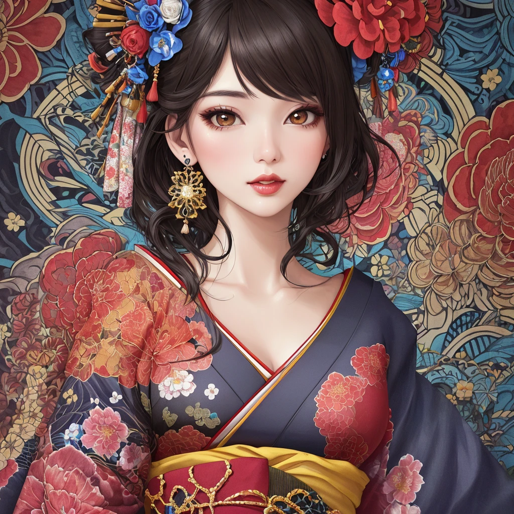 <lora:Oiran-13:0.7>, (Masterpiece, Best Quality:1.3), (thick lineart), (faux traditional media), highres, official art, best illustration, (8k resolution), oiran, 1girl, mature female, solo, japanese clothes, from above, breasts, obi, stylish, intricate, fantastic, fairytale, fantasy art, (detailed face),  lying on a bed of flowers, on back, (lovely eyes, looking at viewer, lipstick), depth of field, silhouette, perfect, makeup, lovely, (details:1.2), camellia, various colors, vivid, colorful, shiny, sky, stars, lumen global illumination, (background in the style of Hokusai Katsushika:1.3), water, ripples