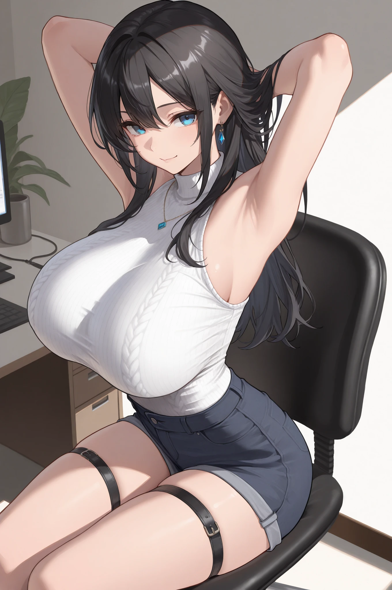 realistic, 1girl, solo, cute face, green eyes, glowing eyes, black hair, NSFW, Black blazer, crop top, pencil skirt, stockings, big breasts, cleavage, modern office, indoors, day, sun, sunlight, light smile, parted lips, (blush:1.1), vibrant colors, dark fantasy.