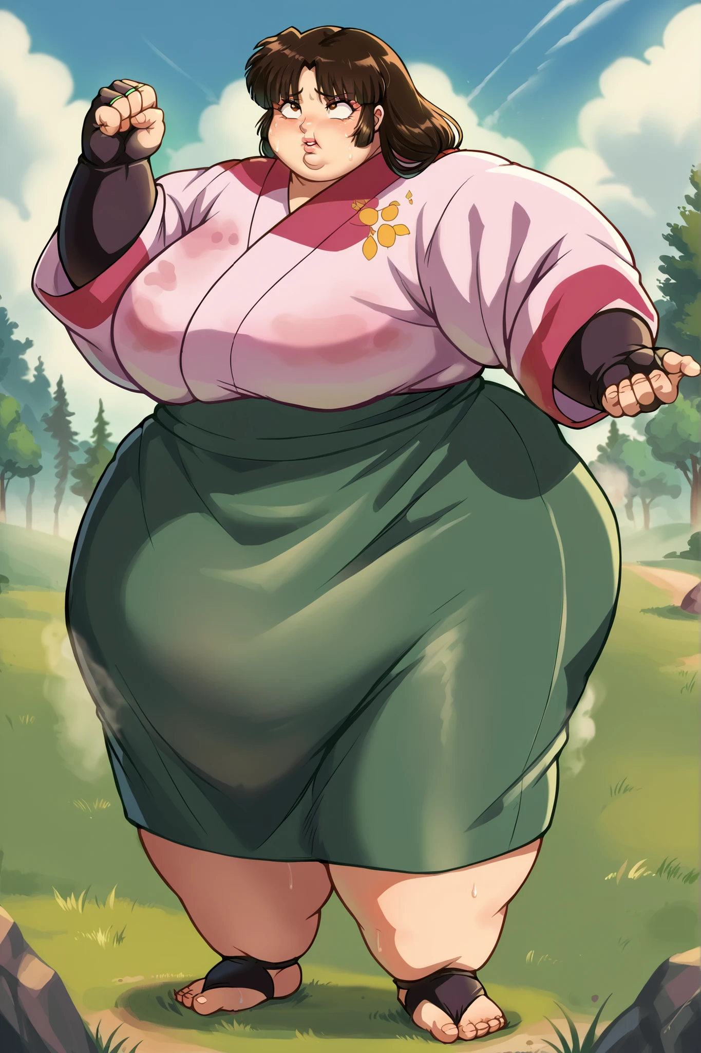 anime screencap, score_9, score_8_up, score_7_up, source_anime BREAK sango, 1girl, solo, brown hair, parted bangs, low-tied long hair, brown eyes, outdoors, grass, day, pink kimono, green long skirt, black bridal gauntlets, giant hands, giant feet, fat, chubby, obese, gigantic arms and legs, gigantic breasts, sagging breasts, full body shot, fat face, chubby face, double chins, big lips, swollen lips, sweating, sweat stains, steam clouds, grease stains, flustered, swollen face, Fat_neck , Fat head , eyes with crushed cheeks , nose with crushed cheeks , mouth with crushed cheeks , chin roll,