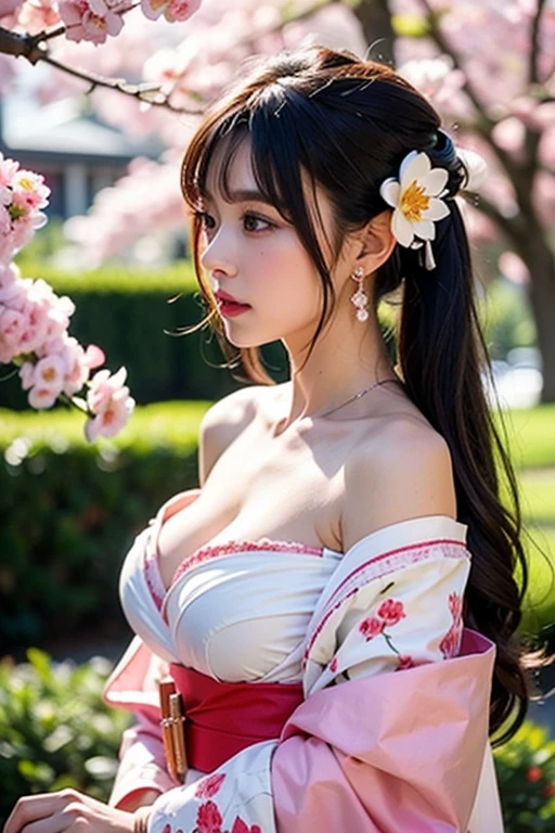 (best quality, 8K, masterpiece: 1.3), ((((((extremely giant breasts: 0.8))))), single ponytail, (beautiful face:1.3), Cherry blossoms are in full bloom, full of cherry blossoms, Floating cherry petals, Gorgeous, authentic Korean hanbok。Pussy-piercing orgasm、Nipples numb with intense caressing、