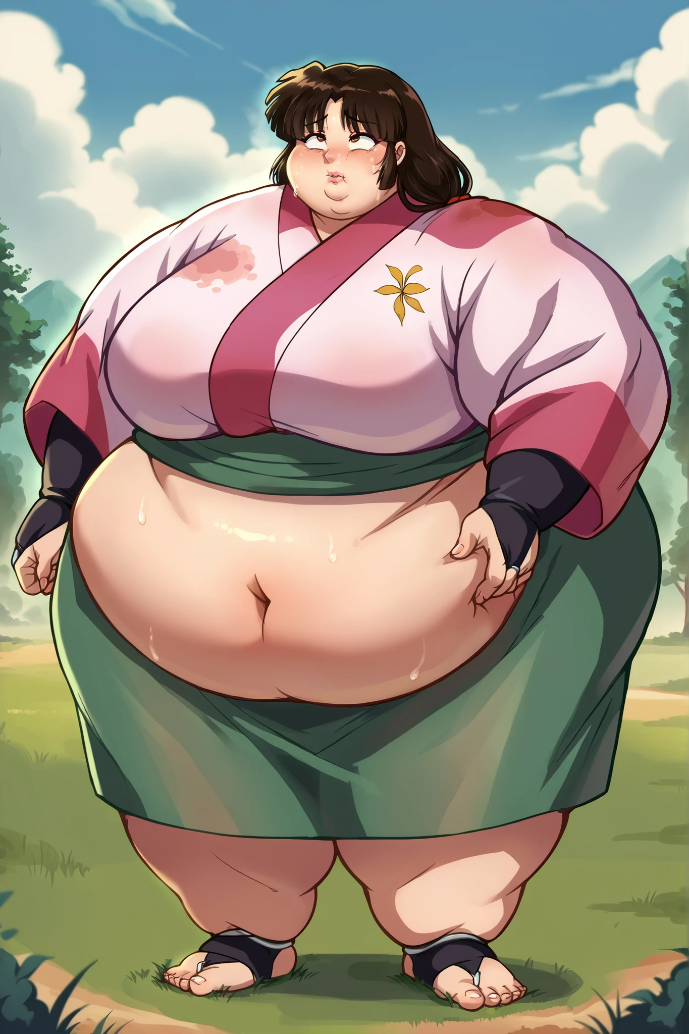 anime screencap, score_9, score_8_up, score_7_up, source_anime BREAK sango, 1girl, solo, brown hair, parted bangs, low-tied long hair, brown eyes, outdoors, grass, day, pink kimono, green long skirt, black bridal gauntlets, giant hands, giant feet, fat, chubby, obese, gigantic arms and legs, gigantic breasts, sagging breasts, full body shot, fat face, chubby face, double chins, big lips, swollen lips, sweating, sweat stains, steam clouds, grease stains, flustered, swollen face, Fat_neck , Fat head , eyes with crushed cheeks , nose with crushed cheeks , mouth with crushed cheeks , chin roll,