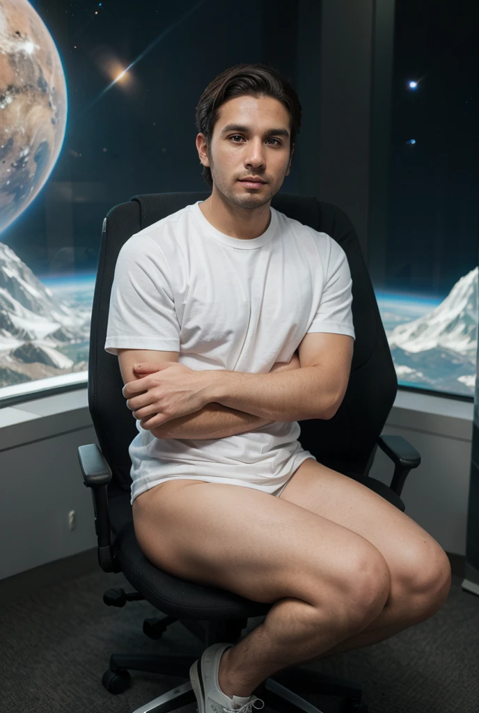 A young man in his early twenties, clad in a loose-fitting gamer t-shirt and boxer shorts, sitting at a cluttered desk with a high-performance gaming PC. His chair is pushed back slightly, revealing a prominent bulge that strains against the fabric of his shorts as he intensely focuses on the game unfolding on the monitor. Unbeknownst to him, a loser gay boy, who is assumed to be his roommate, has approached from behind, his eyes transfixed by the allure of the bulge. The gay boy has dropped to his knees, his cheeks flushed with a mix of excitement and embarrassment. His lips are parted, and his tongue tentatively flicks out, hinting at his intentions. The room is dimly lit, the only light source coming from the glow of the computer screen, casting an eerie blue hue across the scene. The young man's hand is poised on the mouse, while the other rests on the keyboard, fingers hovering over the keys as if ready to pounce at any moment. The caption beneath the image reads, "When you're so into the game, you don't even notice the action happening off-screen." The visual narrative suggests a moment of unexpected intimacy and eroticism within the otherwise mundane setting of a gamer's room, capturing the heightened anticipation and covert desire that fuels the encounter.